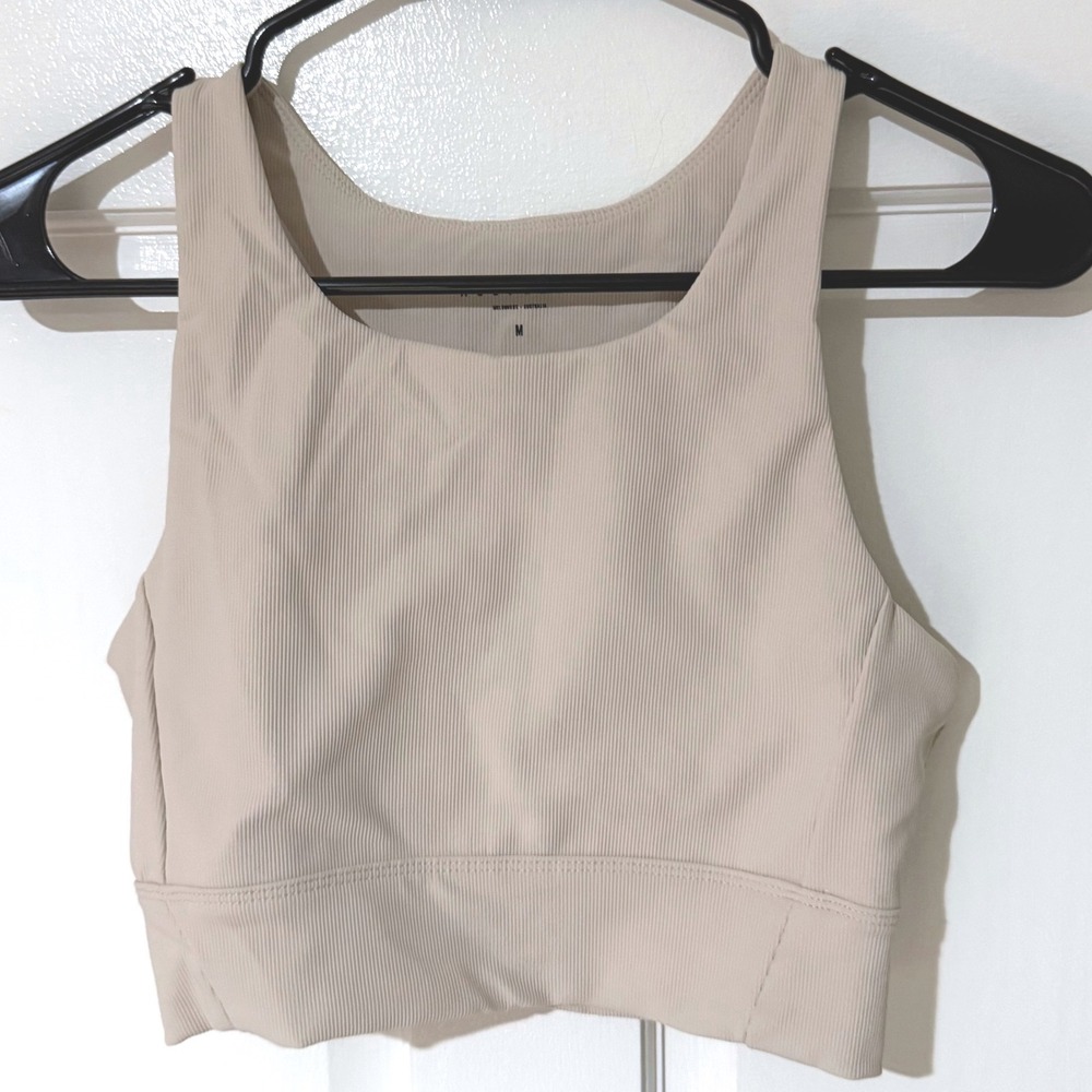 Allfenix‎ Ribbed High Neck Sports Bra Beige Tan Racerback Keyhole Medium
